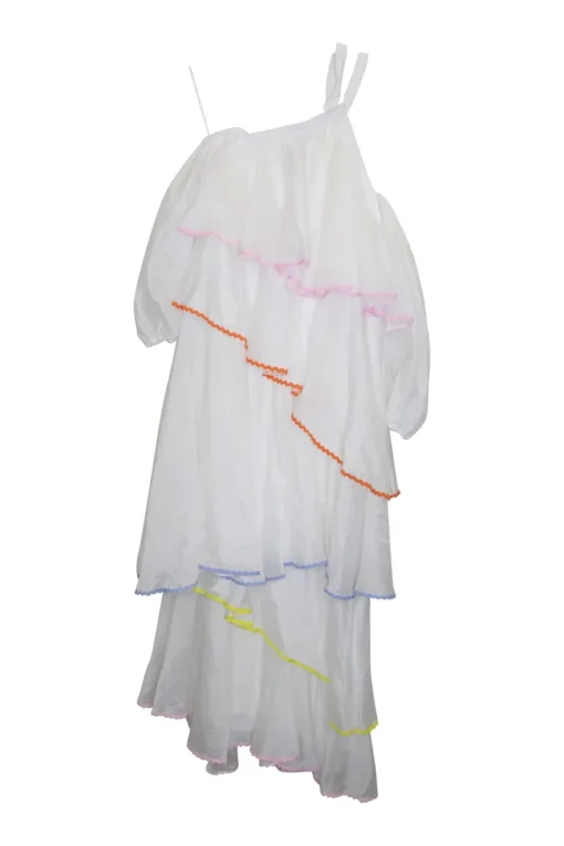 White asymmetric tiered polyester cold shoulder flutter sleeve choker halter midi dress