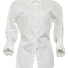White bias-cut cotton poplin point collar button-front shirt with ruched sleeves