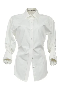 White bias-cut cotton poplin point collar button-front shirt with ruched sleeves