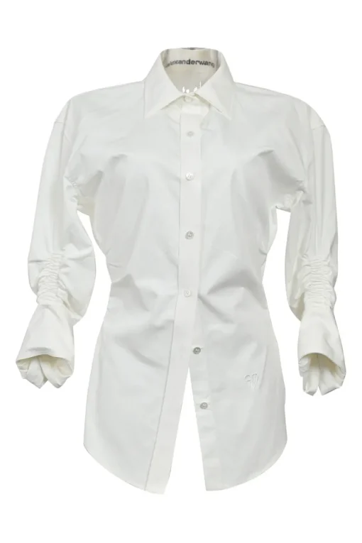 White bias-cut cotton poplin point collar button-front shirt with ruched sleeves