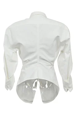 White bias-cut cotton poplin point collar button-front shirt with ruched sleeves