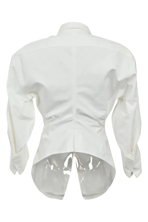 White bias-cut cotton poplin point collar button-front shirt with ruched sleeves