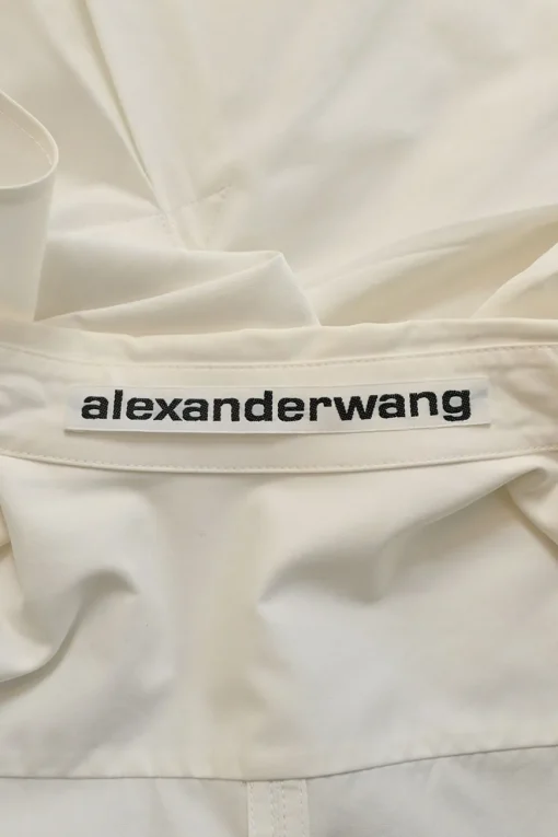 White bias-cut cotton poplin point collar button-front shirt with ruched sleeves