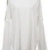 White bi-layer effect cotton jersey crewneck pullover long sleeve T-shirt with zucca tape appliqué