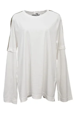 White bi-layer effect cotton jersey crewneck pullover long sleeve T-shirt with zucca tape appliqué