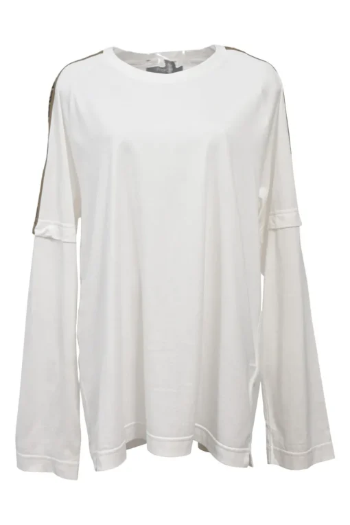 White bi-layer effect cotton jersey crewneck pullover long sleeve T-shirt with zucca tape appliqué