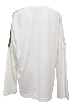 White bi-layer effect cotton jersey crewneck pullover long sleeve T-shirt with zucca tape appliqué