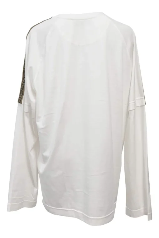 White bi-layer effect cotton jersey crewneck pullover long sleeve T-shirt with zucca tape appliqué