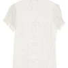 White bow-embellished cotton voile stand Y-collar puff sleeve plunge top