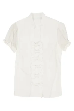 White bow-embellished cotton voile stand Y-collar puff sleeve plunge top