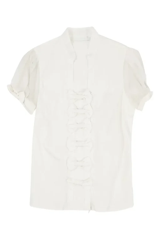 White bow-embellished cotton voile stand Y-collar puff sleeve plunge top