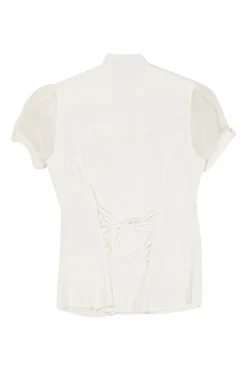 White bow-embellished cotton voile stand Y-collar puff sleeve plunge top