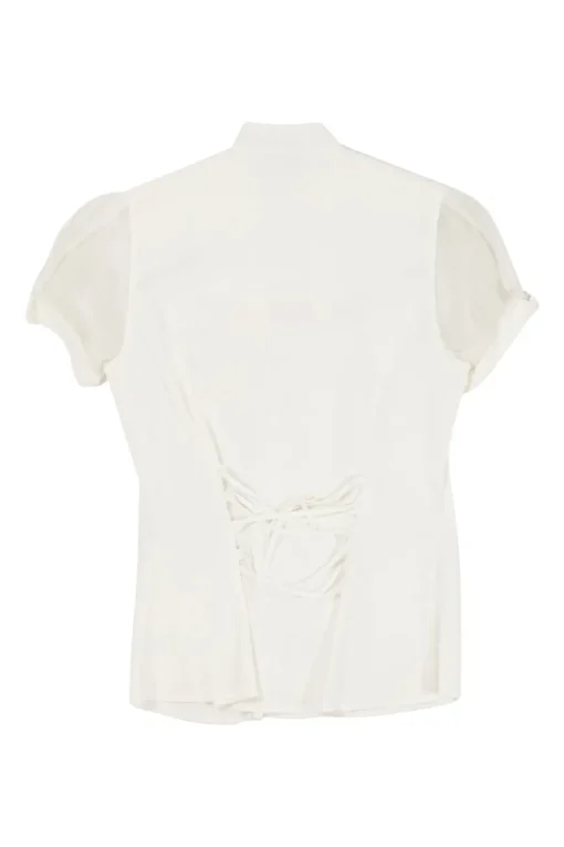 White bow-embellished cotton voile stand Y-collar puff sleeve plunge top