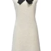 White bow-embellished polyester-wool blend bouclé tweed cap sleeve shift dress with scalloped edges