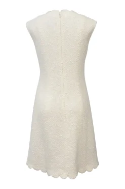 White bow-embellished polyester-wool blend bouclé tweed cap sleeve shift dress with scalloped edges