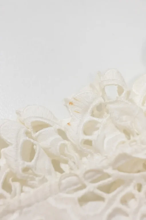 White broderie Anglaise peek-a-boo blouse with ruffled collar, flounce cuffs, and concealed placket