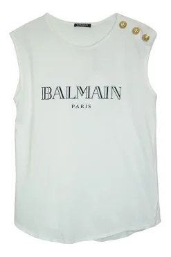White button-embellished cotton pullover tank top with foiled logo motif at centre front