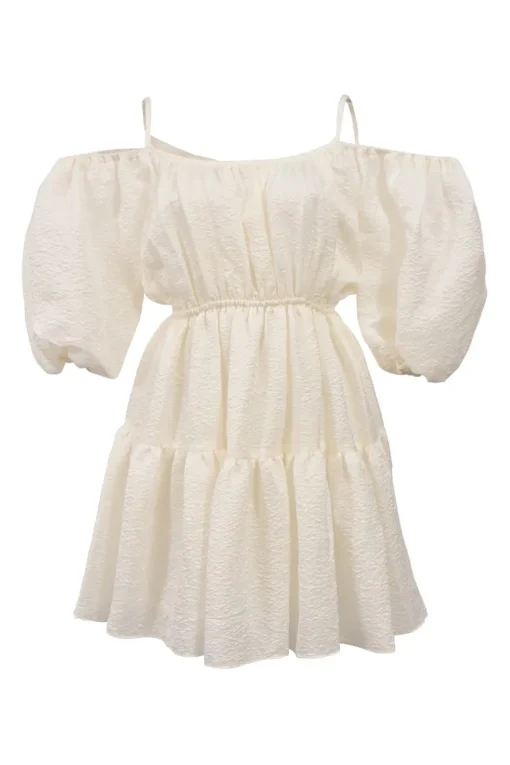 White cold-shoulder tier-ruffle puff sleeve mini dress