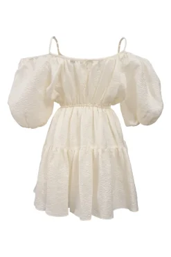 White cold-shoulder tier-ruffle puff sleeve mini dress