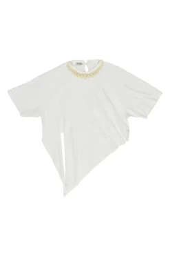 White cotton and faux pearl-embellished tie-front T-shirt