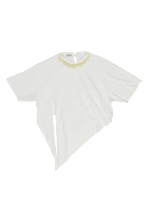 White cotton and faux pearl-embellished tie-front T-shirt