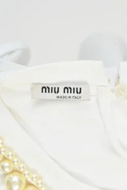 White cotton and faux pearl-embellished tie-front T-shirt
