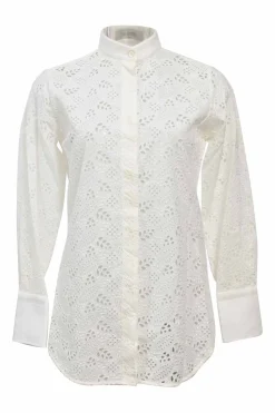 White cotton broderie Anglaise band collar button-front shirt