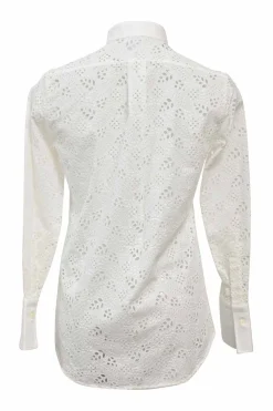 White cotton broderie Anglaise band collar button-front shirt