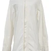 White cotton button-front shirt featuring Oxford-style collar and concealed button placket