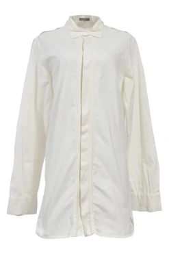 White cotton button-front shirt featuring Oxford-style collar and concealed button placket