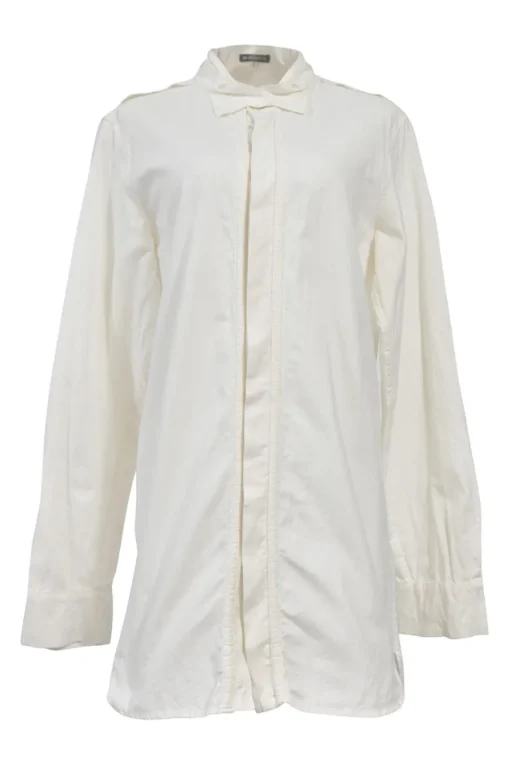 White cotton button-front shirt featuring Oxford-style collar and concealed button placket