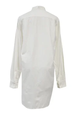 White cotton button-front shirt featuring Oxford-style collar and concealed button placket