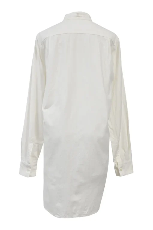 White cotton button-front shirt featuring Oxford-style collar and concealed button placket