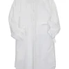 White cotton classic collar button-front shirt dress with ruched sleeves