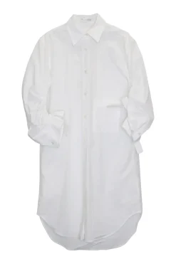 White cotton classic collar button-front shirt dress with ruched sleeves