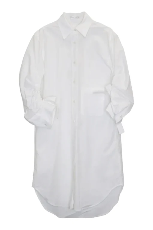 White cotton classic collar button-front shirt dress with ruched sleeves