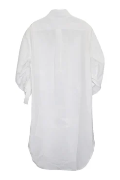 White cotton classic collar button-front shirt dress with ruched sleeves
