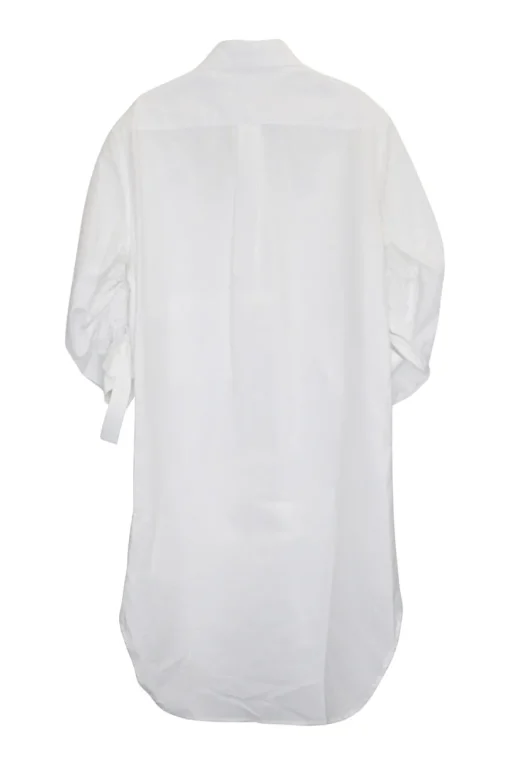White cotton classic collar button-front shirt dress with ruched sleeves