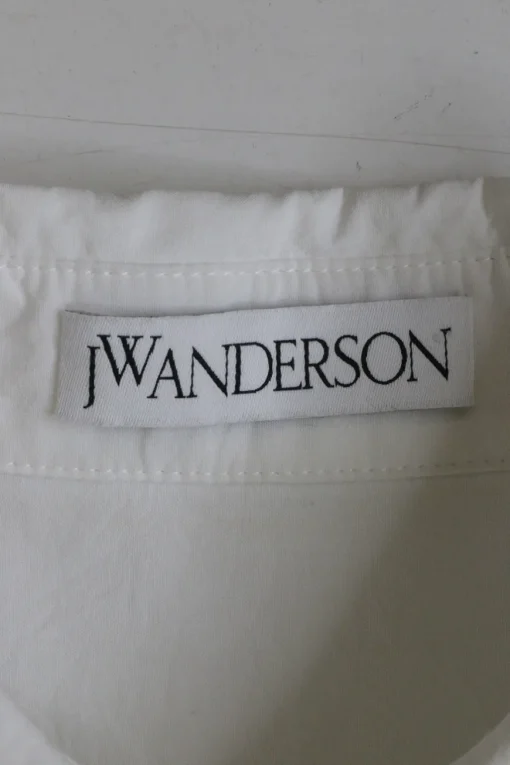 White cotton classic collar button-front shirt dress with ruched sleeves
