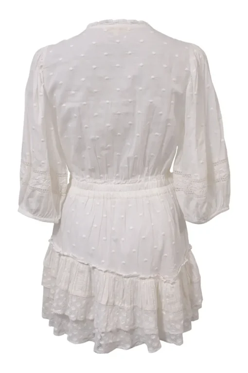 White cotton clip jacquard plunge neck blouson mini dress with cropped sleeves and tier ruffle skirt