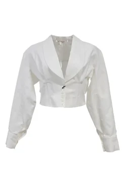 White cotton cropped shawl collar blouse with corset-style boning