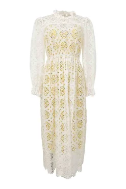 White cotton floral broderie Anglaise peek-a-boo maxi dress with contrasting abstract print slip insert