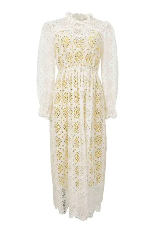 White cotton floral broderie Anglaise peek-a-boo maxi dress with contrasting abstract print slip insert