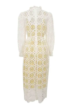 White cotton floral broderie Anglaise peek-a-boo maxi dress with contrasting abstract print slip insert