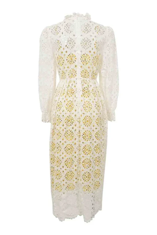 White cotton floral broderie Anglaise peek-a-boo maxi dress with contrasting abstract print slip insert