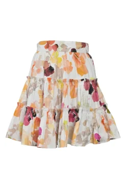 White cotton floral print tiered ruffle mini skirt