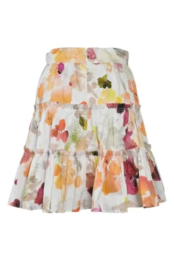 White cotton floral print tiered ruffle mini skirt