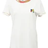 White cotton jersey crewneck T-shirt with logo patch and multi-coloured trim
