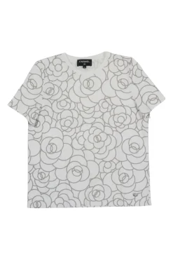 White cotton jersey crewneck pullover t-shirt featuring allover camellia motif