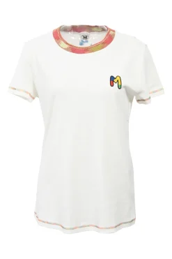 White cotton jersey crewneck T-shirt with logo patch and multi-coloured trim